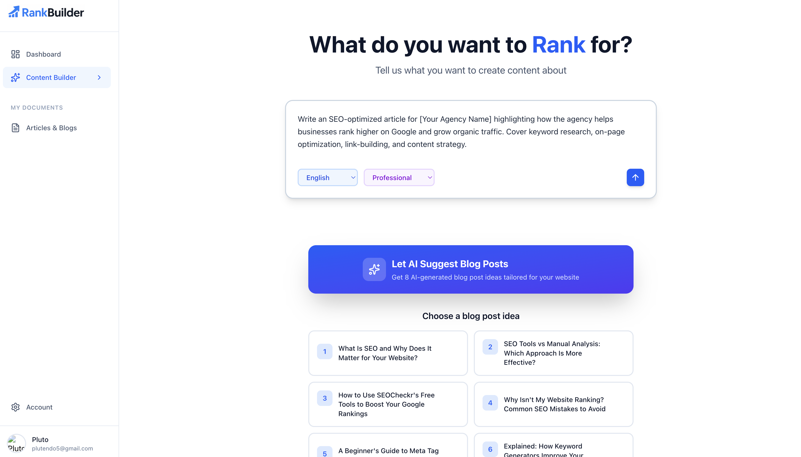 RankBuilder AI Content Creation Interface